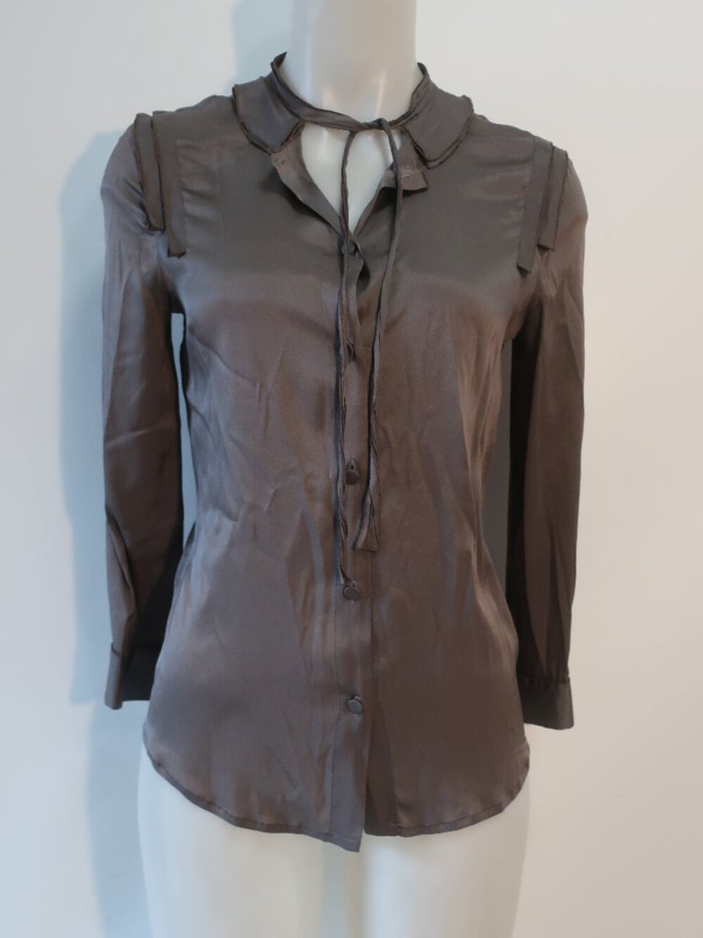 Womens Bottega Veneta Gray (Item- 124) Tie Neck Silk Stretch Blouse Top 40 US/4
